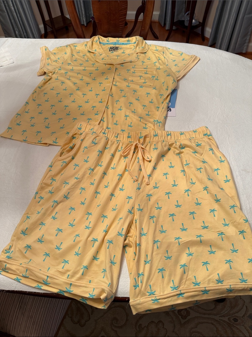 Muk Luks Yellow Palm-Print Ladies Pajama Set with Teal Accents